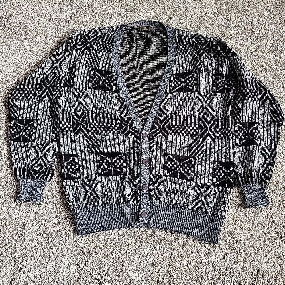 Vintage 80s Geometric Cardigan Cosby Sweater Black Gray Oversized  Unisex XL/XXL